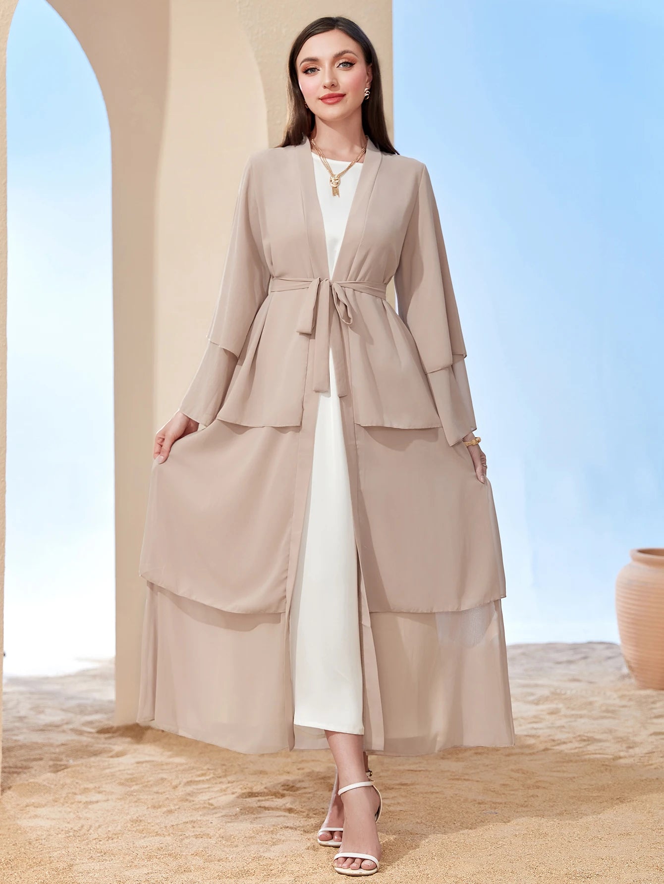 Ramadan kebaya Layered Open Front Abaya, Long Sleeve Dress With Belted , Without Hijab, Women's Clothing.