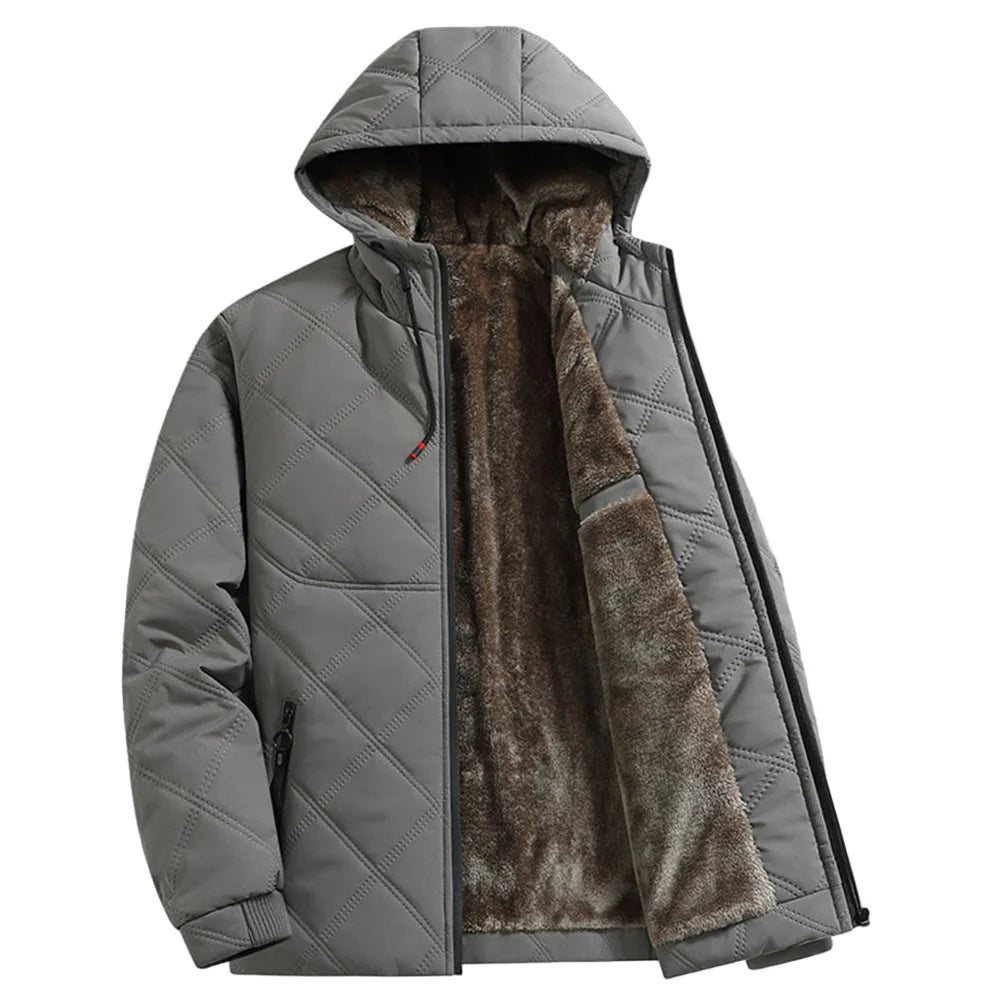 Winter Windproof Thermal Diamond-Pattern Fleece-Lined Thickened Cotton Coat Business Casual Hooded Jacket Fashionable Menswear