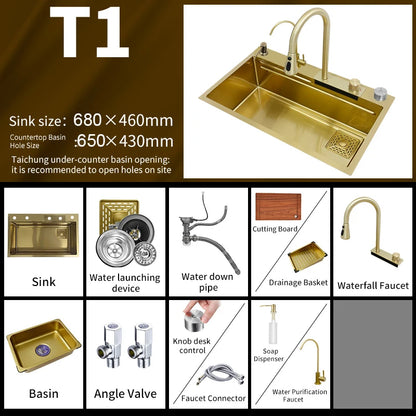 YCRAYS Golden Nano Multifunctional Kitchen Sink 4 Mode Waterfall Faucet Large Single Bowl Soap Dispenser Pure Tap Cup Washer