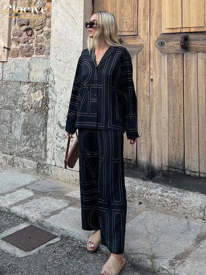 Clacive Fashion Long Sleeve Blouse 2 Piece Sets Women Outfit Elegant Loose Print Pants Set Casual High Waist Wide Trousers Suits.
