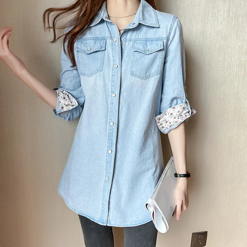 Women's Loose Denim Shirt with Long Sleeves New Spring and Autumn Thin Top Mid To Long Length Jacket and Outer Shirt 11968.