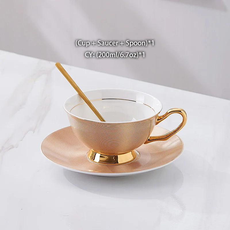 Bone China Tea Cup Saucer Spoon Set 200ml Elegant Coffee Cup Gold Porcelain Tea Set Ceramic Teacup Cafe Espresso Cup British Mug