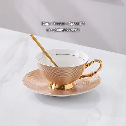 Bone China Tea Cup Saucer Spoon Set 200ml Elegant Coffee Cup Gold Porcelain Tea Set Ceramic Teacup Cafe Espresso Cup British Mug