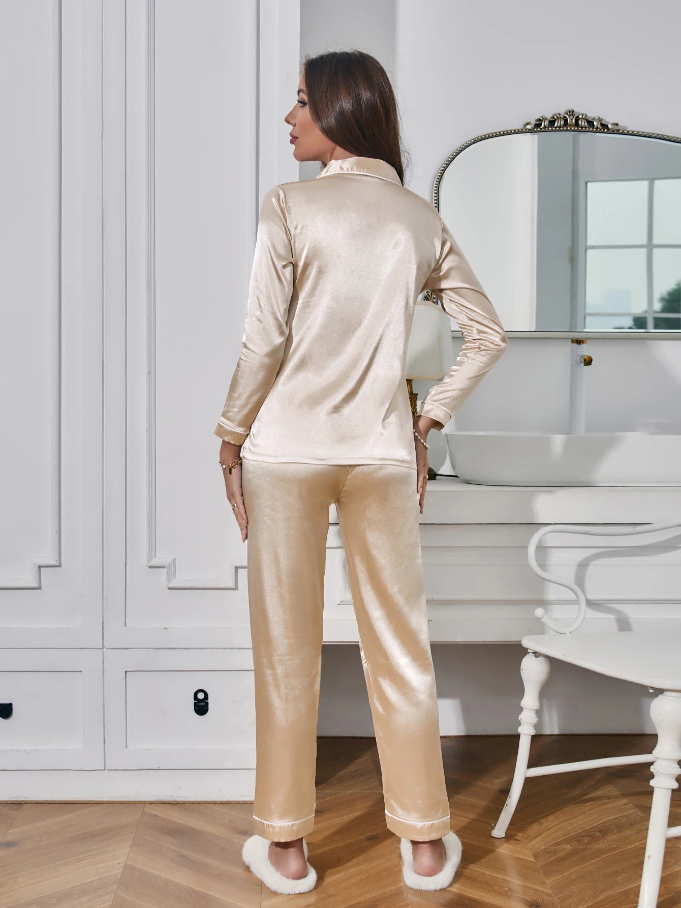 Solides Pyjama-Set mit langen Ärmeln, Knopfleiste, Revers, Oberteil und Hose, Pyjama-Set, Damen-Nachtwäsche und Loungewear.