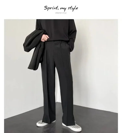 Men's Straight Baggy Casual Pants Korean Slit Personality Suit Trousers Fashion Formal Business Male Streetwear Gray Khaki Black.