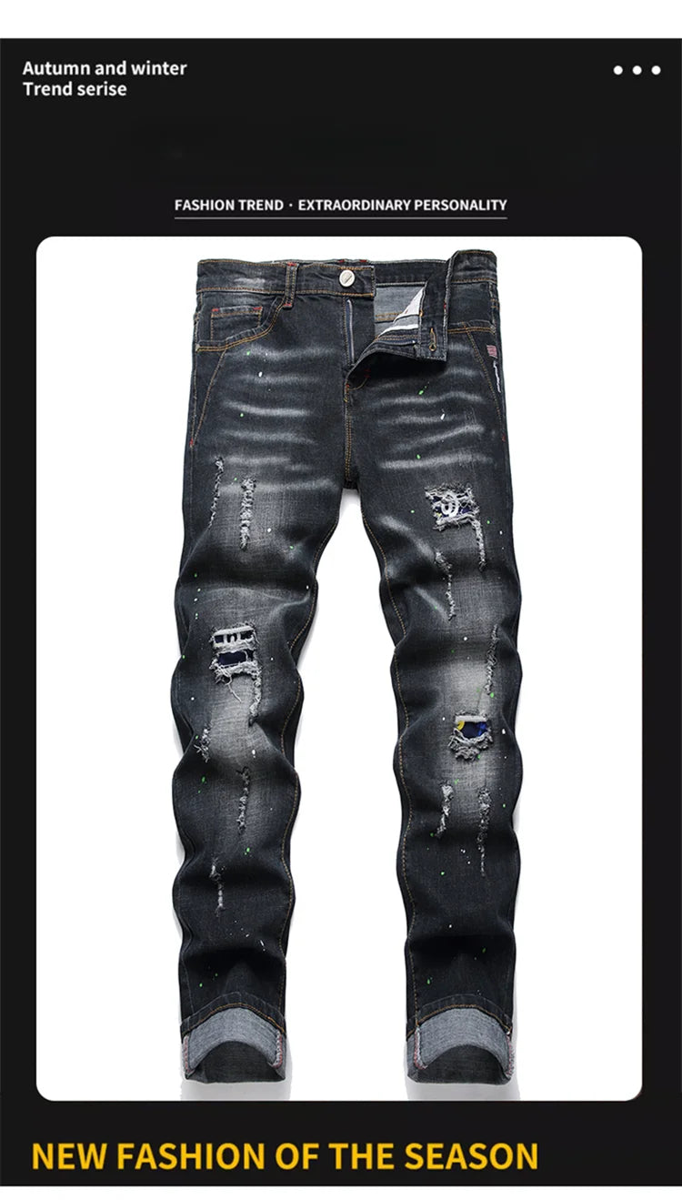 Mode Neue Slim Stretch Zerrissene Jeans männer Streetwear Farbe Flecken Denim Hosen Hip Hop Punk Persönlichkeit Loch Männliche Hosen.
