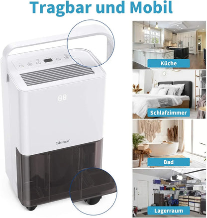SHINCO Electric Dehumidifier, 10 L, Room Dehumidifier with Moisture Sensor, for 45 m³ (15 m²), Energy Saving, Drain Hose.