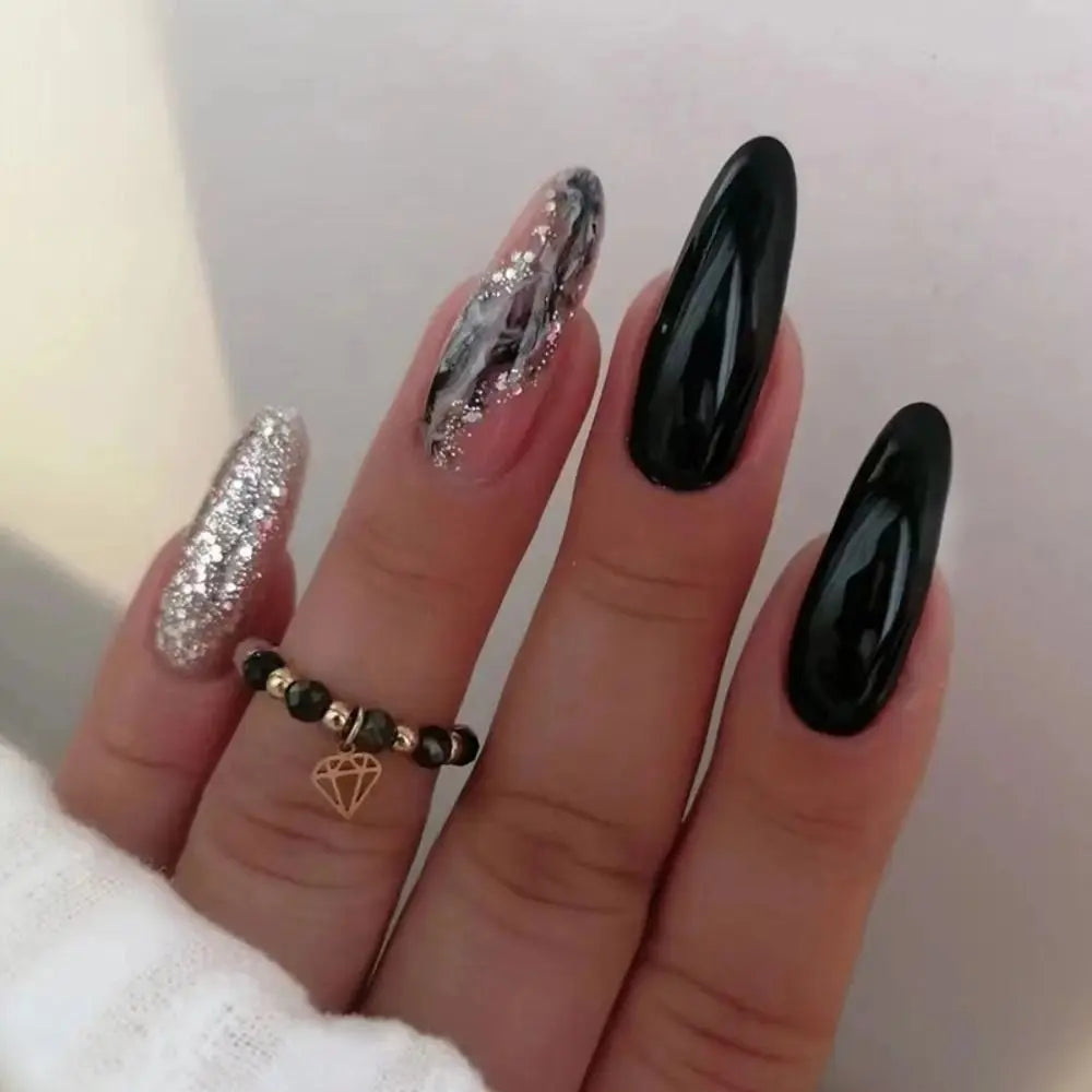 24pcs/set Long Stiletto Fake Nails Punk Snake Pattern Black White Matte False Nails Artificial Full Nail Tips Manicure Tools