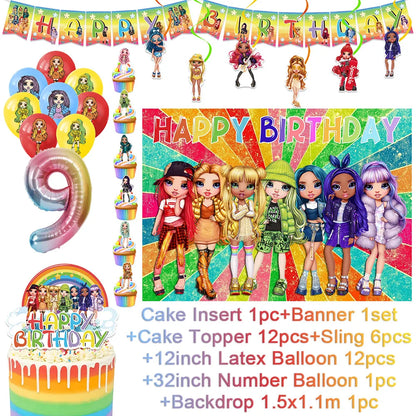 Cartoon Regenbogen Puppe High School Thema Hintergrund Geburtstag Party Dekoration Lieferungen Einweg Tasse Besteck Ballon Baby Geschenk