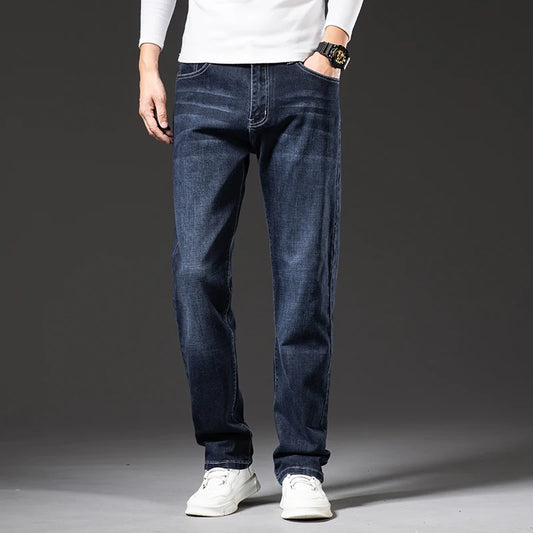 Große Größe 40, 42, 44, 46, lockere, gerade Jeans für Herren, Herbst, neue Business-Casual-Stretchhose, klassische blaue Denim-Hose für Herren.