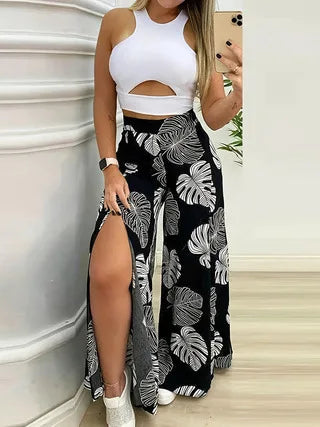 Summer Fashion Two Piece Outfits Woman New Women's Elegant Casual Hollow O Neck Short Vest Printed Trousers Set Women Clothes.