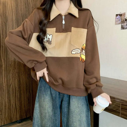 Oversized Autumn Winter Casual Printing Turn-down Collar Long Sleeve Sweatshirts Female Preppy Style Cartoon Loose T-Shirts Tops.