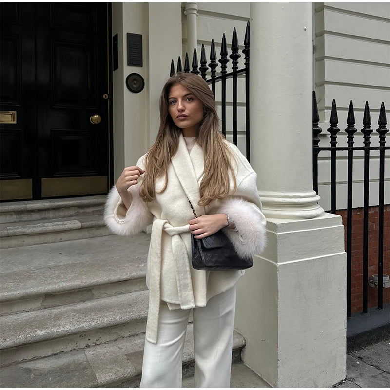 2025 Chic Revers Plüsch Mantel Mit Gürtel Frauen Vintage Feste Faux Pelz Hülse Tweed Offene Mäntel Weibliche Herbst Casual Straße outwear.