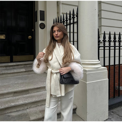 2025 Chic Revers Plüsch Mantel Mit Gürtel Frauen Vintage Feste Faux Pelz Hülse Tweed Offene Mäntel Weibliche Herbst Casual Straße outwear.