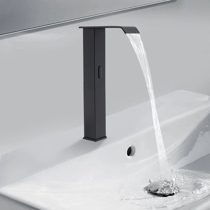 Touchless Sensor Faucet with Waterfall Spout, Adjustable Temperature Valve, Black Finish, Ideal for Kitchen and Bathroom Use