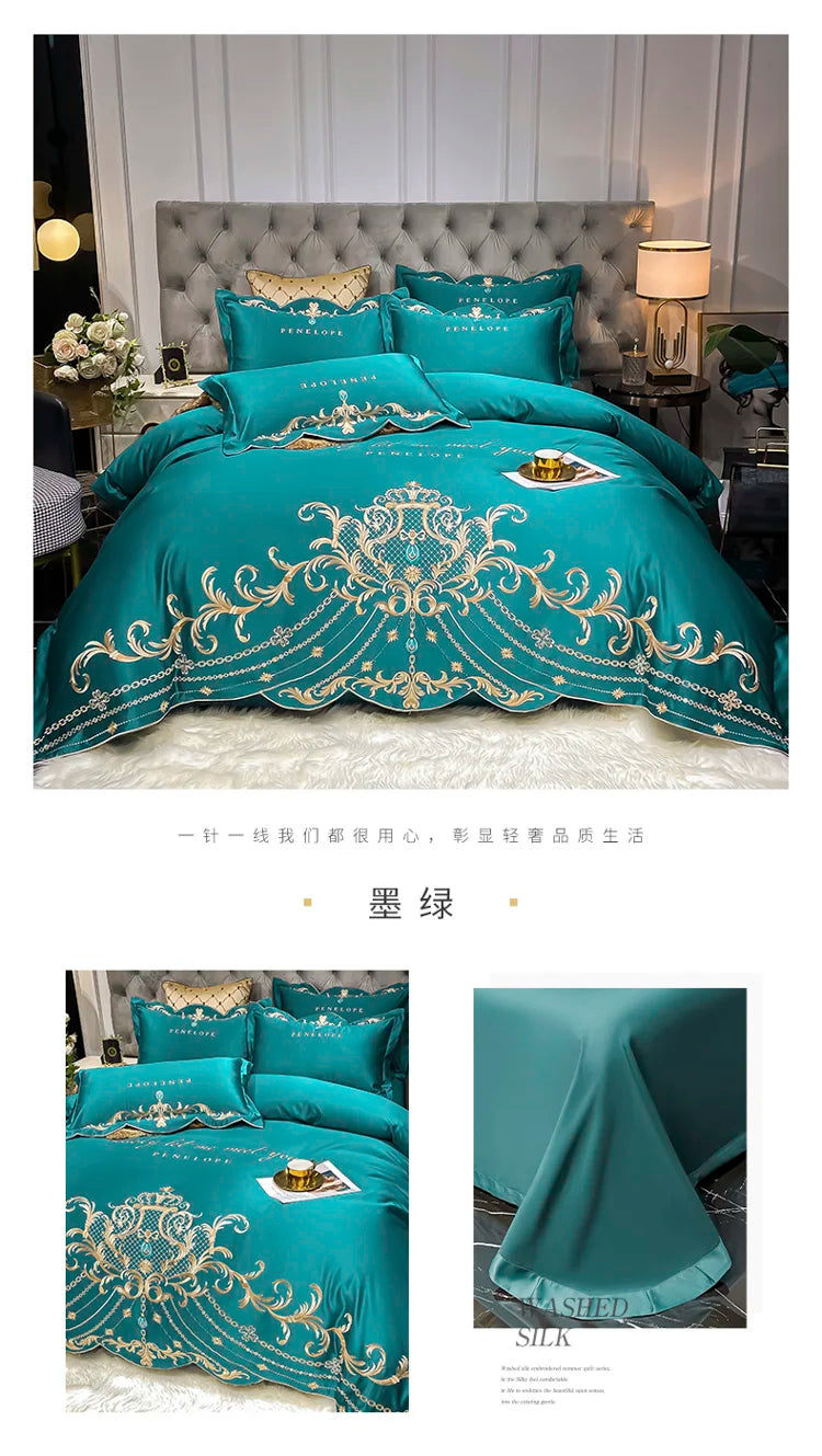 European-Style Bed Sheet Four-Piece Set 100 Cotton High-End Atmospheric Ice Silk Quilt Cover Pure Cotton Bedding.