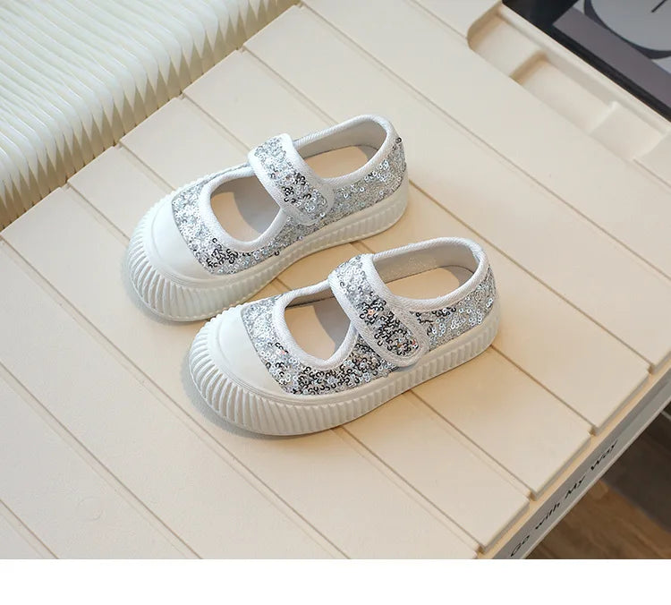 New Girl Princess Canvas Shoes Fashion Luxury Sequins Children Causal Shoes Breathable Kids Glitter Mary Jane Shoes Thick Bottom.