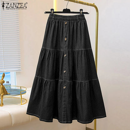 Autumn Elastic Waist Solid Skirts ZANZEA Fashion Women Denim Blue Skirt Elegant A-line Work Overskirts Casual Loose Holiday Jupe.