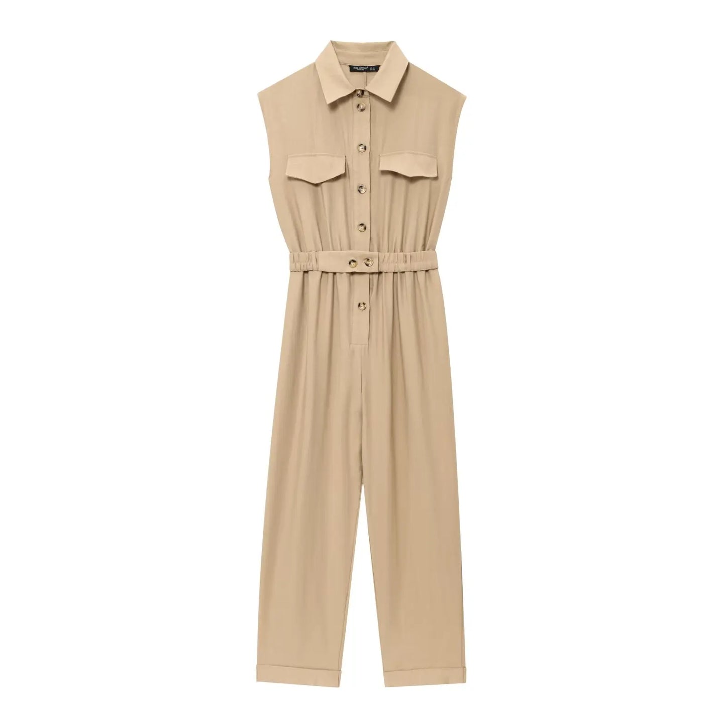 2025 Summer Vintage Casual Chic Women Jumpsuits Solid Sleeveless Belt Wide Leg Bodysuits Fashion Jumpsuit.