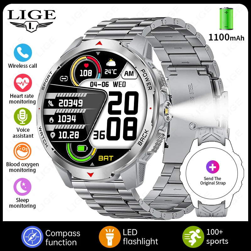 LIGE New For HUAWEI XIAOMI 1100mah Smart Watch Men Compass Flashlight 3ATM Waterproof Sports Fitness Bluetooth Call Smartwatch