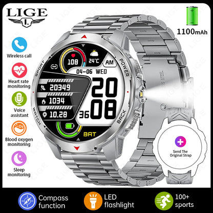 LIGE New For HUAWEI XIAOMI 1100mah Smart Watch Men Compass Flashlight 3ATM Waterproof Sports Fitness Bluetooth Call Smartwatch