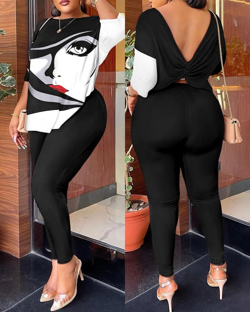 Autumn Women's Clothing New Fashion Print Sexy Backless Round Neck Five Quarter Sleeve Pants Two-piece Casual Comfortable Set.