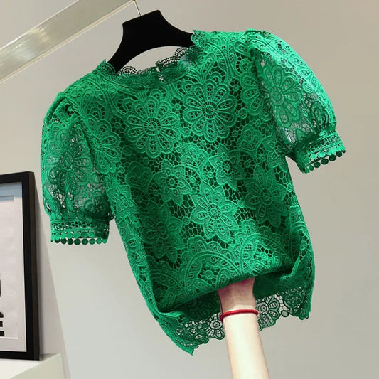 Loose Straight Korean Style Summer Top Pure Color Hooked Hollow out Ladies Lace Shirt Overhead Bubble Sleeve Women's Fashion.