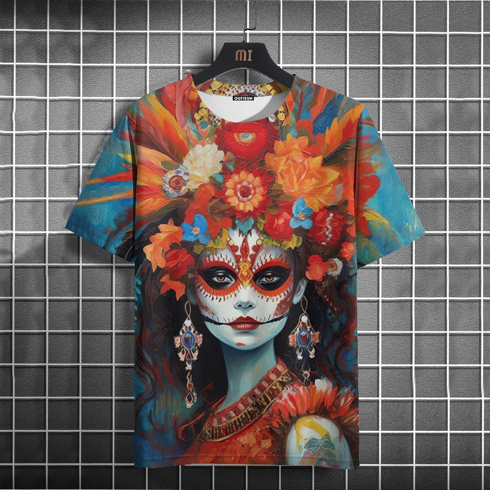 Mexican Skull Day of The Dead Graphic T Shirt for Men Womens Graffiti Clothing Horror Goth T-shirts Fashion Streetwear Tops Tees.