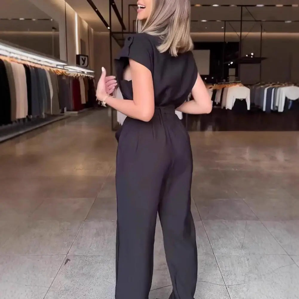 Elegant Women Jumpsuit Lapel Sleeveless Belt Design Romper with Pockets Solid Color Wide Leg Pants Versatile Jumpsuit.