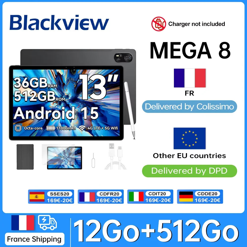 Blackview MEGA 8 [No EU Charger] Tablet 13 inch 90Hz 2K FHD+ Display 36GB(12+24) 512GB 11000mAh 50MP+13MP Android 15 Dual SIM 4G.
