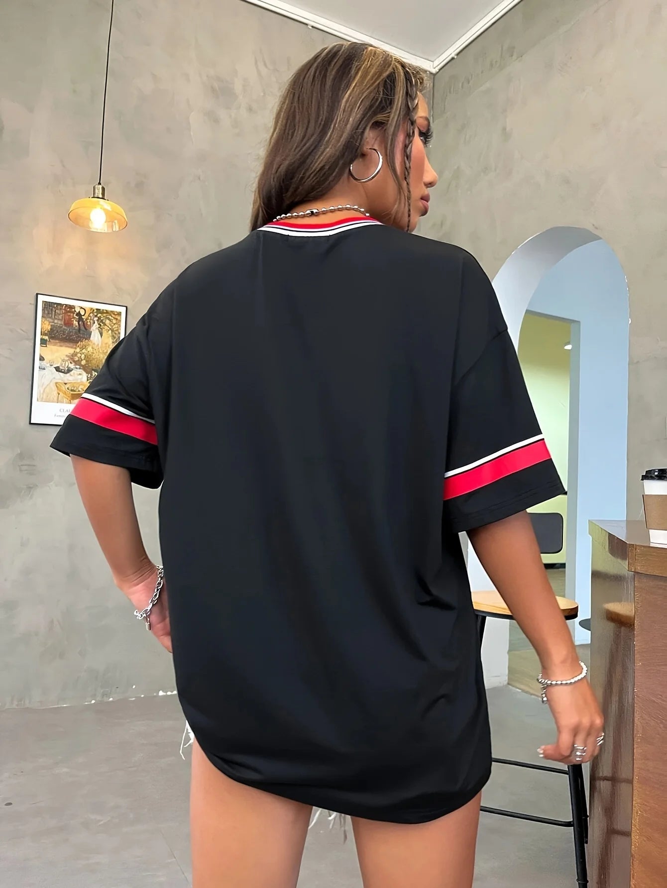 Women's Large Printed T-shirt Los Angeles 91 Letter Short Sleeve V-neck Loose Street Wear Sports Jersey Spring/Summer Tshirt Top.