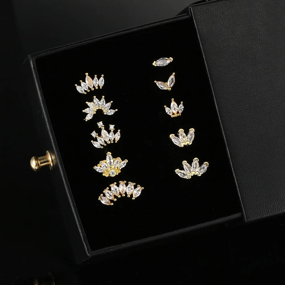 1pc Tragus Piercing Ear Stud Earring For Women Girls Cubic Zirconia Crown Small Helix Pierced Gold Color Ear Accessories Gifts.