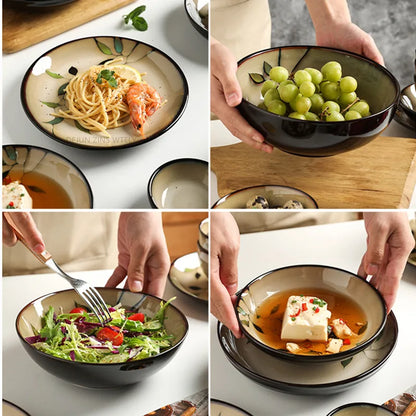 1Pc Vintage Bamboo Leaf Ceramic Bowl Salad Plate Exquisite Ceramic Cutlery Household Noodle Bowl Western Steak Cake Sushi Plate.