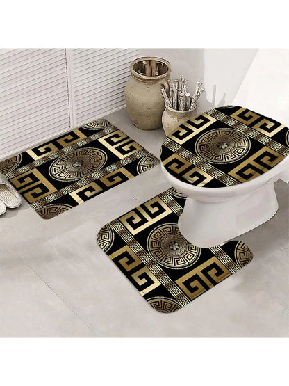 4-teiliges Badezimmer-Set, wasserdichter Stoff-Duschvorhang im Palast-Stil mit 12 Haken, rutschfeste Badezimmermatte, U-förmige Toilettendeckelabdeckung