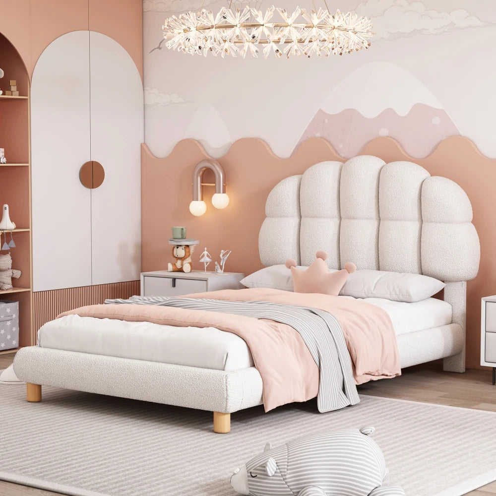 Modernes 90x200cm Einzelbett, Kinderbett, Jugendbett, Polsterbett, Holzgittergrill, Fleeceimitation, Weiß und Rosa