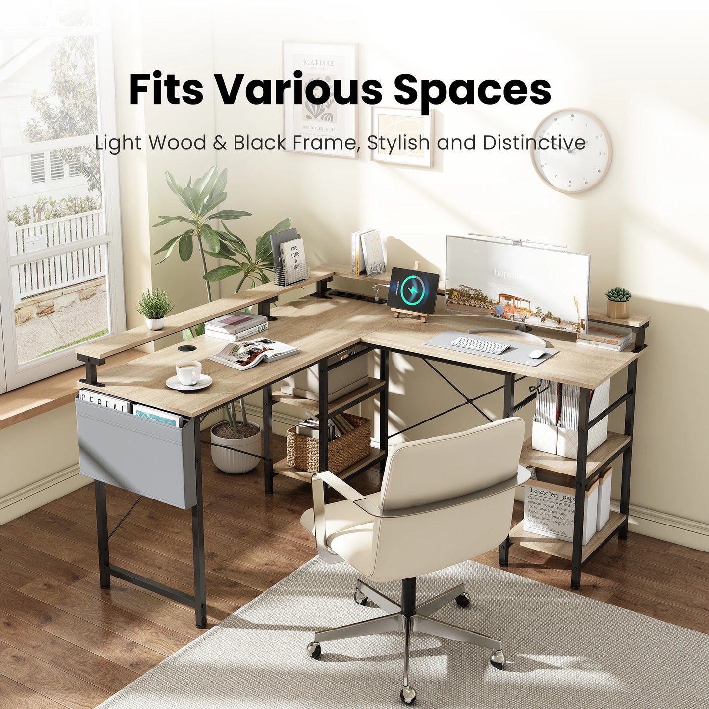 Großer Eckschreibtisch L-Form mit Regal, Monitorständer, Ablage, flexibel montierbar, Beige