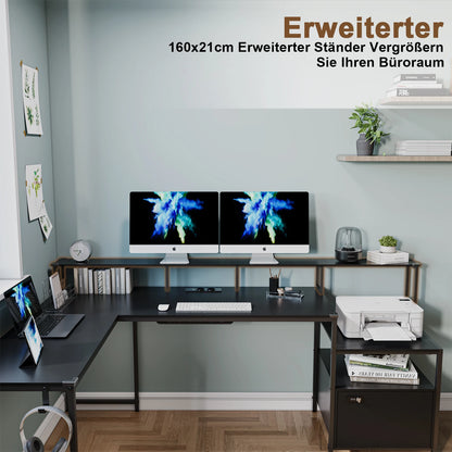 Devoko Eckschreibtisch 168×120cm, L-Schreibtisch mit Stauraum, Eckschreibtisch Schublade mit Steckdose und USB-Ladeport