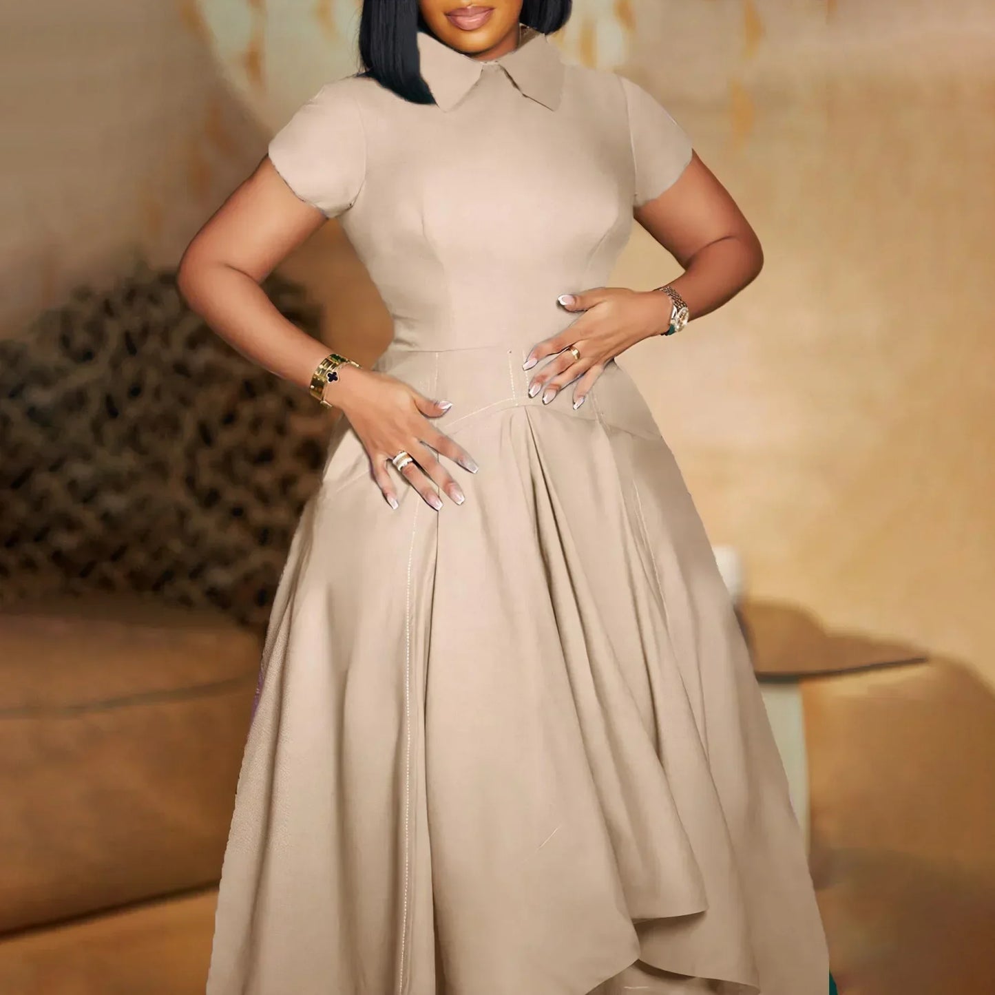 Elegante Kirchenkleider für Frauen, plissiert, A-Linie, kurze Ärmel, unregelmäßige Länge, edle, bescheidene afrikanische Kleider, Party-Anlass, weiblich