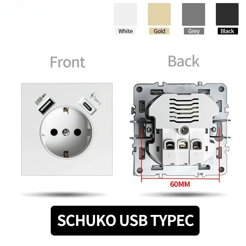 80 mm Typ Rahmen Steckdose 1/2-Wege-Wandknopfschalter USB Typ-C-Anschlüsse Steckdose EU-Standard für Deutschland DIY Teil freie Kombination.