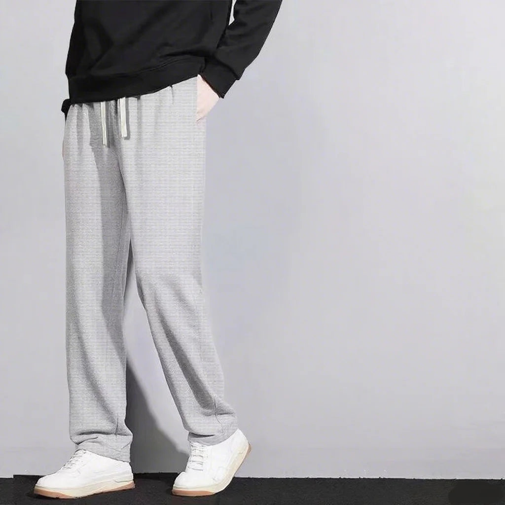 Men's retro knitted Waffle sweatpants, loose straight leg solid color pants with elastic waist and drawstring, suitable for autu.