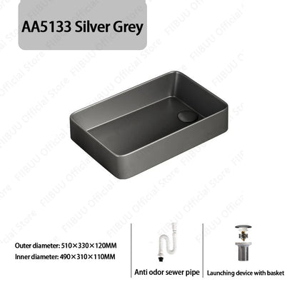 Rechteckiges silbergraues Porzellan-Keramikgefäßwaschbecken über der Theke, Toilette, Badezimmer-Schminktisch, Waschbecken, glasiertes weißes Waschbecken