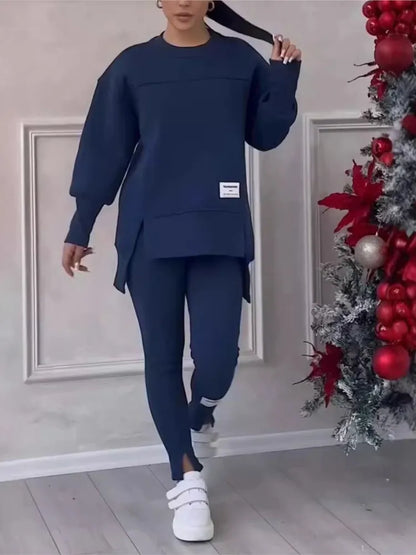 Women's Casual Sweatshirt Sports Set Autumn Winter Fashion Solid Loose Irregular Sweatshirt Top And Slim Trouser Two Piece Sets.