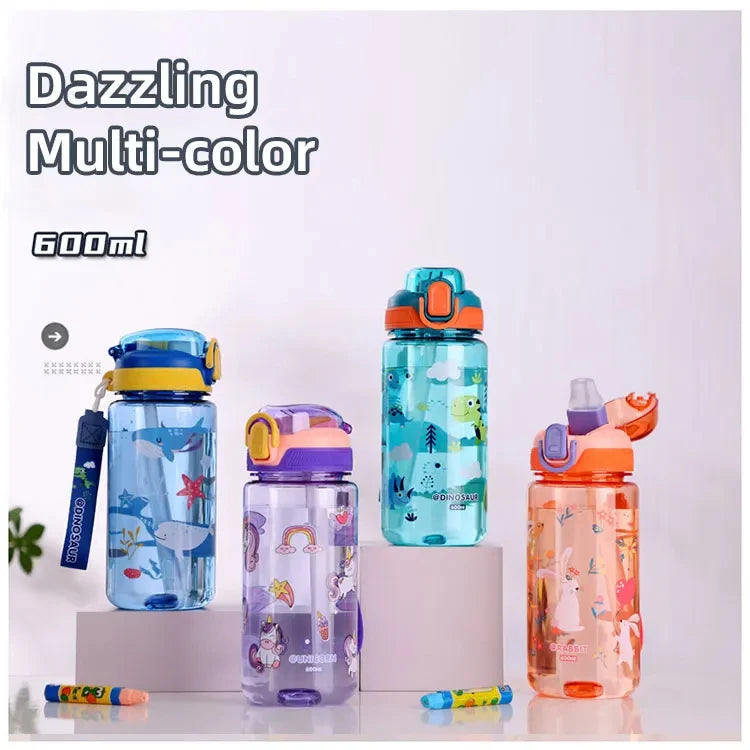 600ml Dinosaur Water Bottle For Kids Water Sippy Cup With Silicone Straw Leakproof Plastic Water Bottles Summer Kids Water Cup.