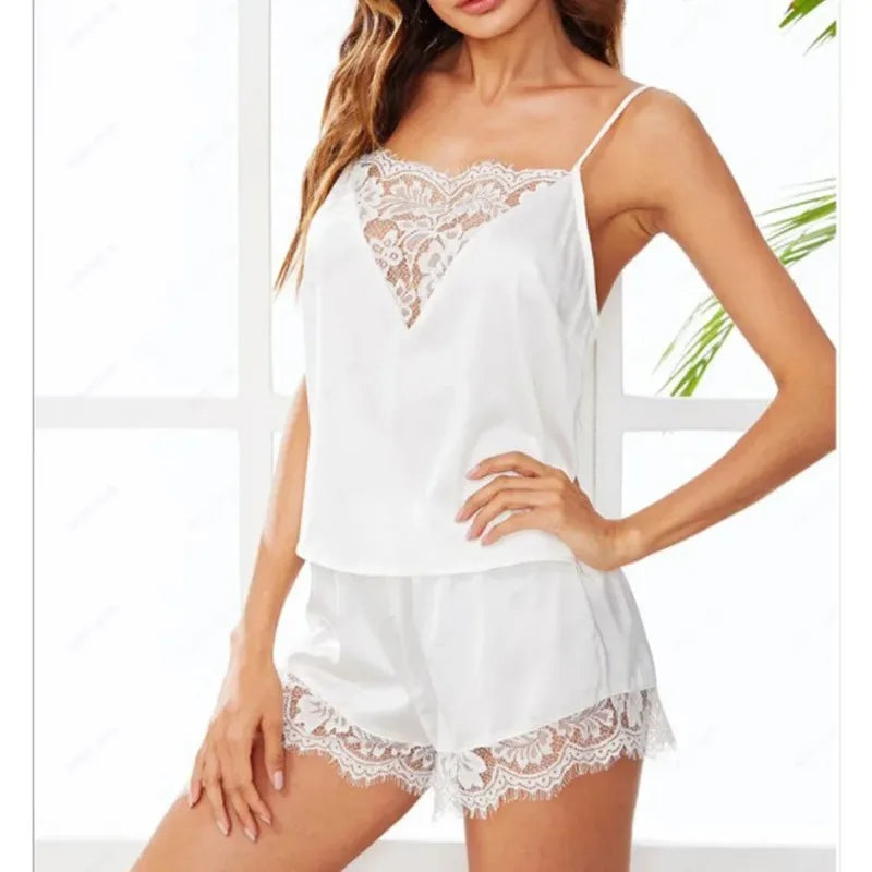 Frauen Eis Seide Pyjama Nachtwäsche Pyjama Set Nachthemden Nachthemd Leibchen Shorts schwarz rot l xl Spitze lässig sexy glatt 파자.