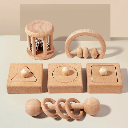 Wooden Geometric Shapes Sorting Montessori Puzzle Toys Baby Toys Wooden Rattles Ring Rattles Sensory Toys Preschool Education.