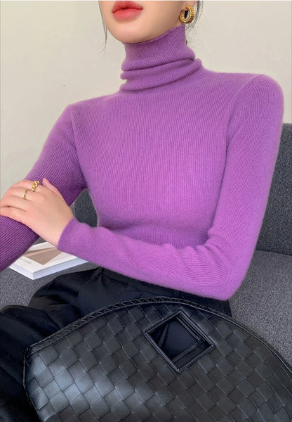 2025 herbst Winter Rollkragen Warme Jumper Lässig Feste Dünne Strickjacke Frauen Langarm Gestrickte Pullover Einfache Basis Schicht Top