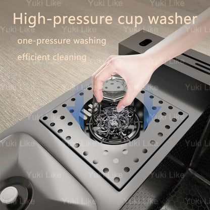 Stainless Steel Kitchen Sink With Waterfall Cup Washer Knife Rack Embossed Extra Large Single Slot Apartment Left Side Drainage