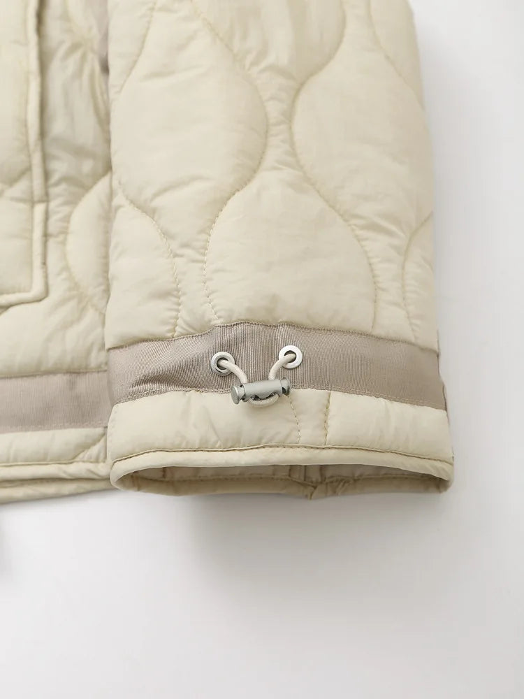 ZBZA Women's Quilted Loose Jacket Mantel Drawstring hoher Kragen Reißverschluss lange Ärmel Versteckter Knopf Doppeltaschen Clip Baumwolle Outerwear Herbst Winter Neue Weibliche Chic Mantel.