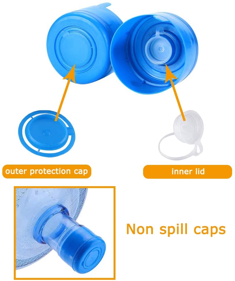 5pcs 55mm Water Bottle Snap On Cap Replacement 3 and 5 Gallon Non-Spill Water Jug Caps Reusable Non Spill Caps Anti Splash Peel.