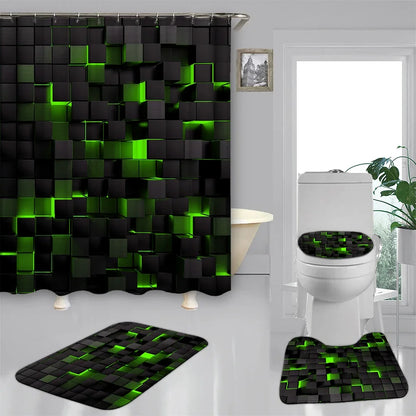 4-teiliges Set mit technologischen, blauen und schwarz karierten, bedruckten, wasserdichten Duschvorhängen mit 12 Haken, Badezimmer-Fußmatten